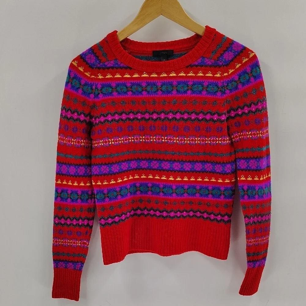 J. Crew Pullover Crew Neck Wool Sweater XS Red Multicolor Nordic Fair Isle